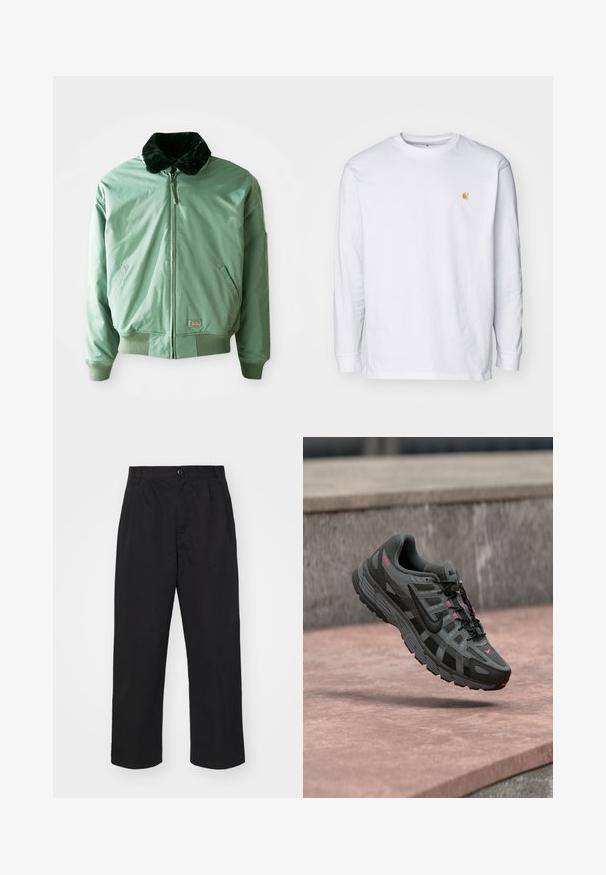 Grüne Bomberjacke mit einem schwarzen Kunstfellkragen, Reißverschluss, gerippten Bündchen und Saum sowie seitlichen Taschen. Glattes, glänzendes Material.; Weißes Langarm-T-Shirt aus Baumwolle. Mit kleinem goldenem Logo auf der Brust und Rundhalsausschnitt. Einfaches Design und normale Passform.; Schwarze Baumwollhose mit geradem Schnitt, ausgestattet mit einem Knopfverschluss, zwei vorderen Taschen und einer glatten Textur.; Grauer und schwarzer Nike-Sneaker mit pinkfarbenen Akzenten schwebt mittig über einer Steinoberfläche und zeigt seitliche sowie obere Details.