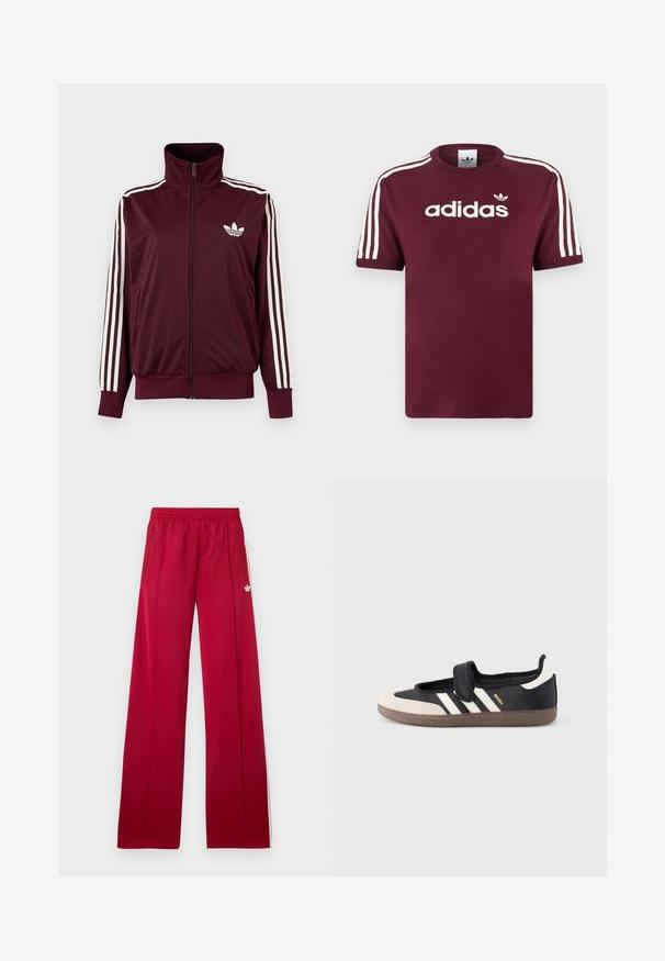 Burgundia tooniga lukuga spordijakk kõrge kraega, valgete kolme triibuga varrukatel ja valge Adidas Trefoil logoga rinnal.; Kašmiirpunane puuvillane T-särk valgete triibuliste varrukatega, millel on rinnal valge "adidas" logo ja selle kohal väike logo.; Punased laia lõikega jooksupüksid elastse vööga, külgedel lukuga taskud, valged triibud külgedel ja väike valge logo vasakul reiel.; Must ja beež vabaajajalats klõpsrihmaga, küljele on kolm valget triipu ning pruun tekstuuriga kummist tald. Brändi logo on nähtav.