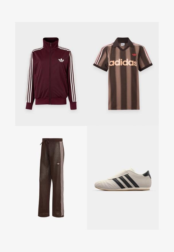 Bordeauxkleurige trainingsjas met ritssluiting en hoge kraag, witte drie strepen op de mouwen en wit Adidas trefoil-logo op de borst.; Bruine gestreepte Adidas polo met V-hals, bordeauxrode kraag en rood logo. Heeft witte en rode schouderstrepen, korte mouwen.; Bruine mesh trainingsbroek met roze drievoudige strepen aan de zijkanten, elastische tailleband met trekkoord en Adidas trefoil-logo op de linker dij.; Lichtgrijze sneaker met zwarte strepen, ronde neus, glad leren bovenwerk, een klittenbandsluiting en een rubberen zool.