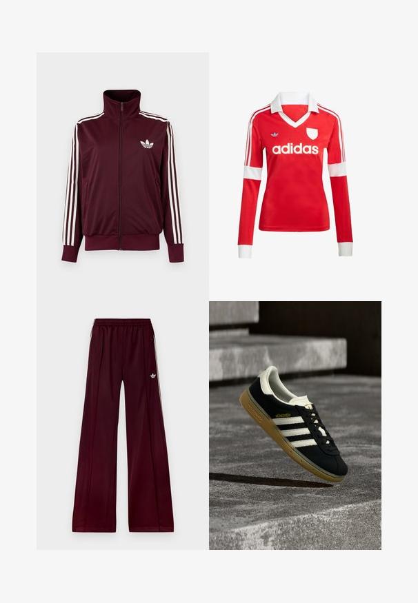 Bordeauxkleurige trainingsjas met ritssluiting en hoge kraag, witte drie strepen op de mouwen en wit Adidas trefoil-logo op de borst.; Rode lange mouwen voetbalshirt met een witte kraag en manchetten. Heeft drie witte strepen op de schouders en het "adidas" logo prominent weergegeven.; Bordeaux sportbroek met een relaxte fit, gemaakt van een zachte stof, met twee zijzakken en witte contrasterende strepen langs de zijkanten.; Zwarte Adidas München sneaker met witte strepen en eenbruine zool zwevend boven getextureerde betonnen trappen.