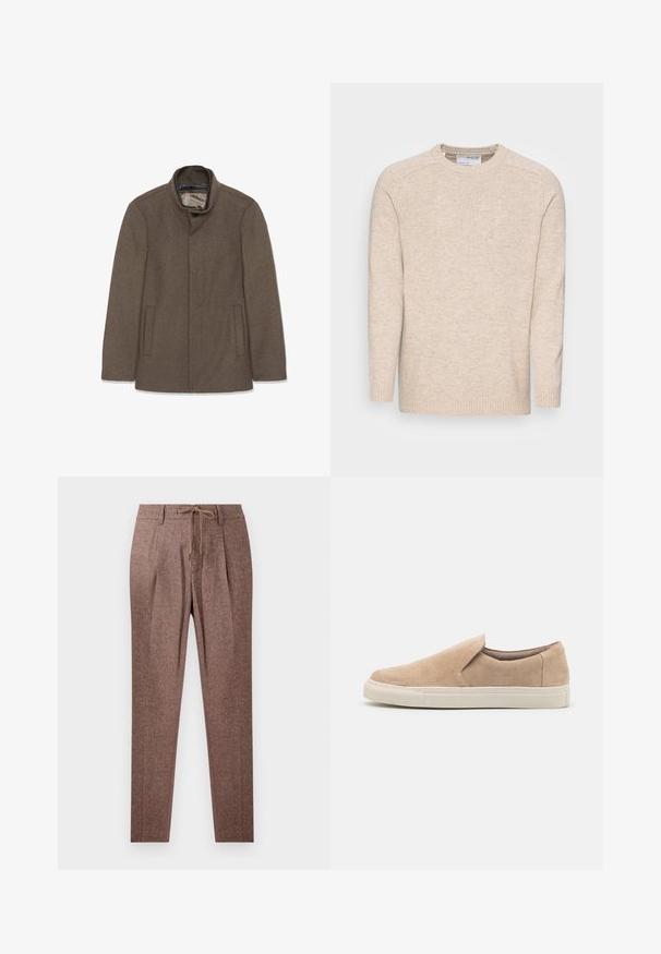 Brun uldfrakke med høj krave, to sidelommer og en glat inderside. Simpelt design uden synlige knapper eller mønstre.; Lys beige strikket sweater med rund hals, lange ærmer og ribbede manchetter; har en struktureret stofoverflade og et simpelt design.; Brune, strukturerede bukser med et hørmønster, der har en snøre i taljen og to frontfolder. Lige ben-design.; Beige slip-on sko lavet af nubuck, med en afrundet tå, elastisk side og en hvid gummisål med teksturerede accenter.