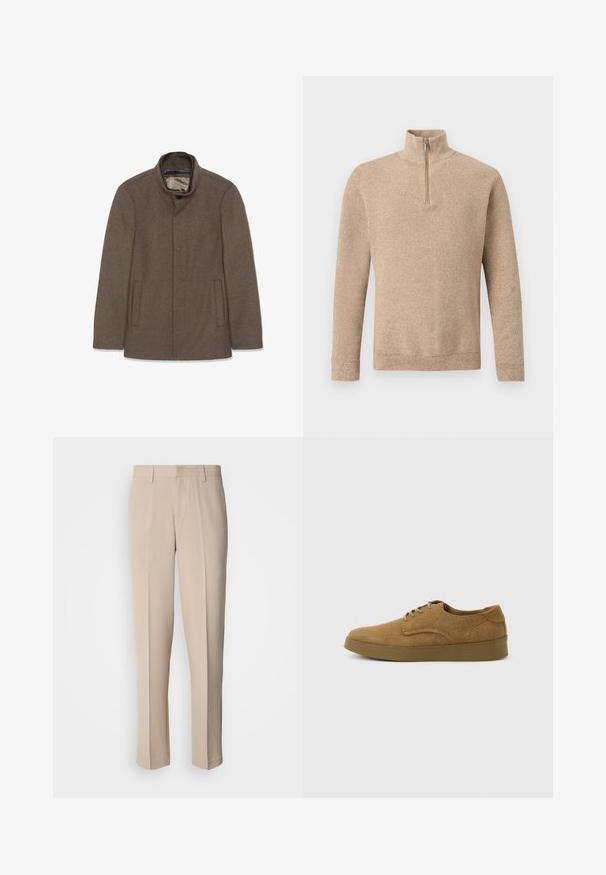 Brun uldfrakke med høj krave, to sidelommer og en glat inderside. Simpelt design uden synlige knapper eller mønstre.; Beige tekstureret strikket sweater med lange ærmer og en kort lynlås foran, der går op til en ståkrave, vist på en ensfarvet baggrund.; Beige skræddersyede bukser med lige pasform, lavet af glat stof. Har en flad front og standard linning med bæltestropper.; Brun ruskindslærredsko med snørebånd og flad gummisål, set fra siden på en ensfarvet lys baggrund.