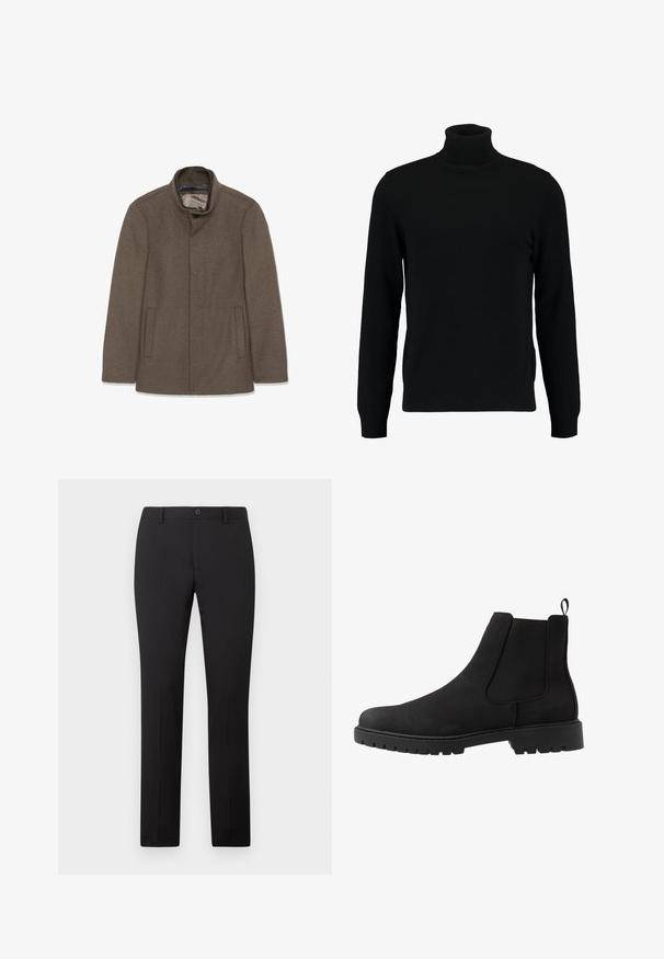Brun uldfrakke med høj krave, to sidelommer og en glat inderside. Simpelt design uden synlige knapper eller mønstre.; Sort turtleneck sweater lavet af et blødt strikmateriale. Har lange ærmer, ribbet krave og kant. Enkel, slank design uden mønstre.; Sorte skræddersyede bukser med lige ben, som har knaplukning og bæltestropper. Fremstillet i glat stof uden synlige mønstre.; Pier One by Zalando UNISEX - Støvletter - black