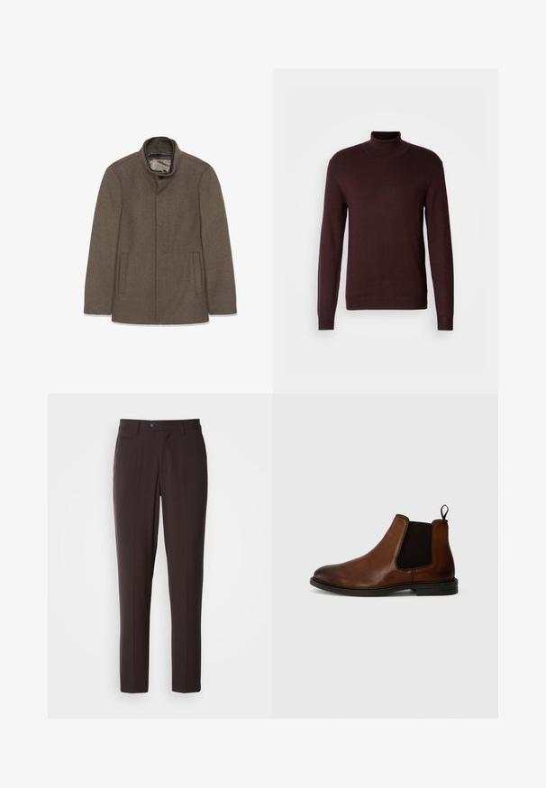 Brun uldfrakke med høj krave, to sidelommer og en glat inderside. Simpelt design uden synlige knapper eller mønstre.; Bordeaux turtleneck sweater i blødt strikket stof, med lange ærmer, tætsiddende pasform og ribbet manchetter og kant. Glat tekstur, minimalistisk design.; Mørkebrune skræddersyede bukser i glat stof med flad front, sidelommer og knaplukning. Bukserne har lige ben og intet synligt mønster.; Brun læder Chelsea-støvle med elastiske sidepaneler, rund tå og en trækflap. Sort gummisål med en let hæl. Glat tekstur.