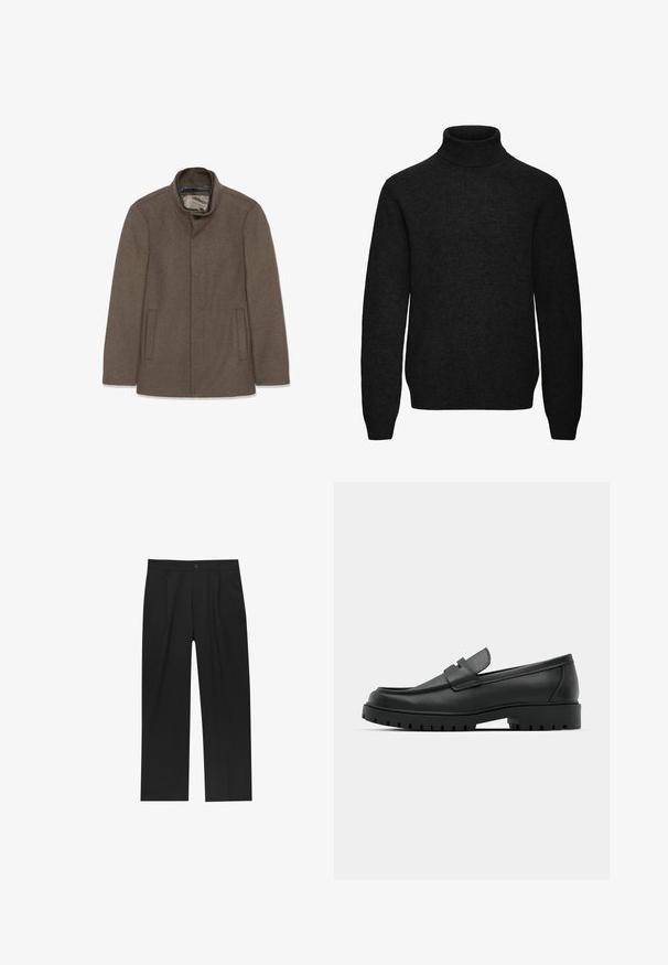 Brun uldfrakke med høj krave, to sidelommer og en glat inderside. Simpelt design uden synlige knapper eller mønstre.; Sort langærmet rullekravesweater med ribmanchetter og ribkant, lavet af et blødt strikstof.; Sorte bukser med lige ben, lavet af et glat stof. Har frontfolder og en enkelt knaplukning i taljen.; Sorte læder loafers med rund tå, der har et syet design, lav platformssål og en struktureret, skridsikker gummisål.