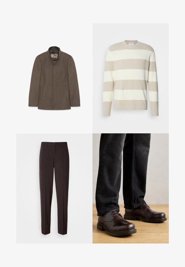 Brun uldfrakke med høj krave, to sidelommer og en glat inderside. Simpelt design uden synlige knapper eller mønstre.; Beige stribet sweater med ribbet tekstur, der har brede cremede striber, rund halsudskæring og lange ærmer.; Sorte skræddersyede bukser med lige ben, der har en glat tekstur og en linning med en enkelt knaplukning.; Brune lædersko med rund tå, snørelukning og kraftig sort gummisål, parret med mørke denim bukser.