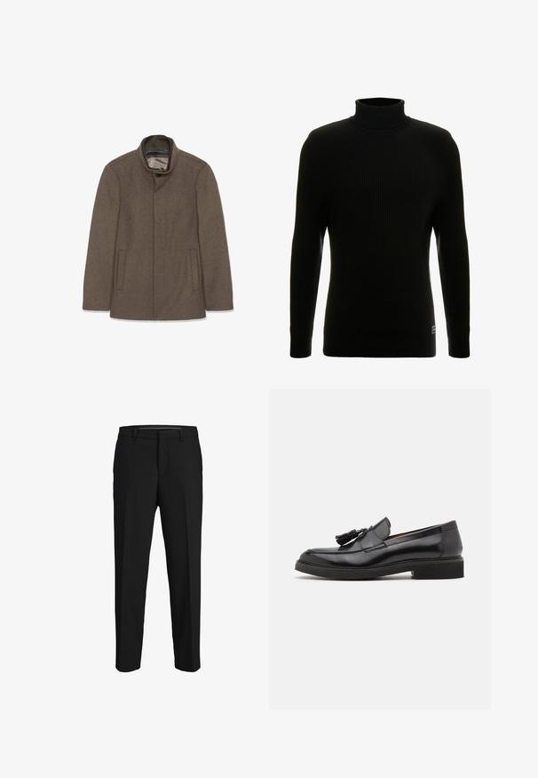 Brun uldfrakke med høj krave, to sidelommer og en glat inderside. Simpelt design uden synlige knapper eller mønstre.; Sort turtleneck sweater med lange ærmer, ribbet tekstur, tætsiddende silhuet og lille mærke nederst til venstre.; Sorte bukser lavet af glat stof, med lige snit, bæltestropper og et fladt frontdesign uden synlige mønstre eller pyntegenstande.; Sorte læder loafers med frynse detalje, afrundet tå og en tekstureret sål. Har en glat finish og minimalistisk design.