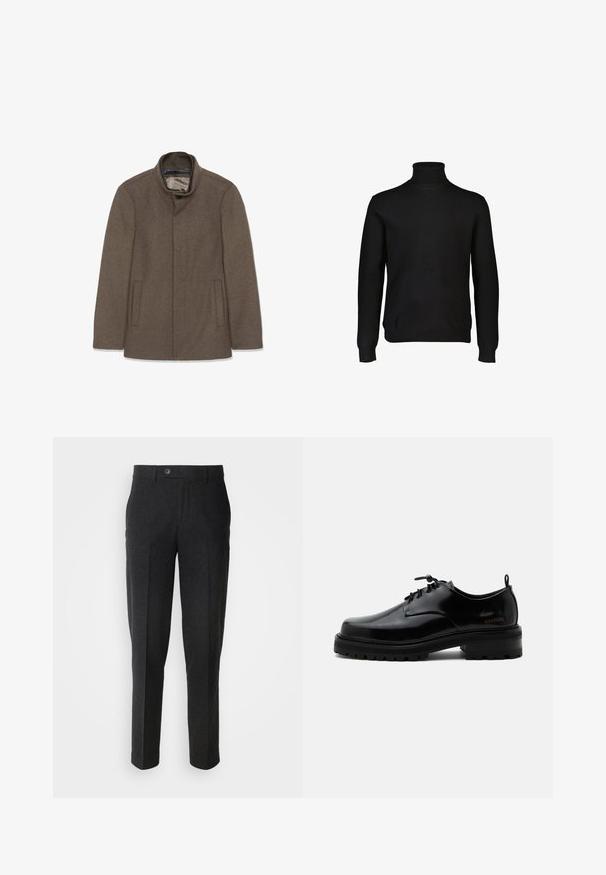 Brun uldfrakke med høj krave, to sidelommer og en glat inderside. Simpelt design uden synlige knapper eller mønstre.; Sort turtleneck sweater lavet af blødt strikstof. Har lange ærmer og ribbet detaljering ved halsudskæringen og kanten. Klassisk silhuet.; Lindbergh Bukser - black melange; Sort poleret læder snørestøvle med tyk gummisål og lav hæl, sideskilt med mærketekst "SAMSOE" og bageste træksnor.