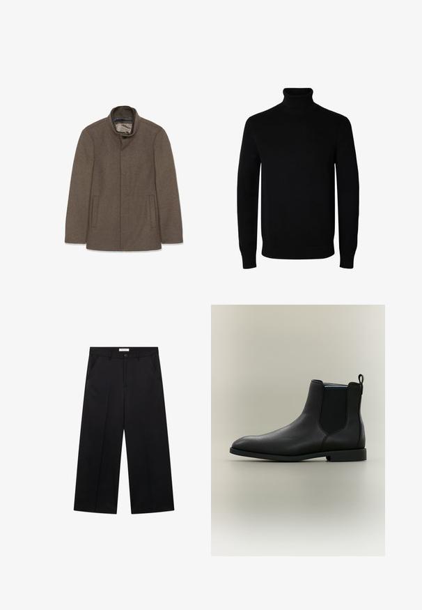 Brun uldfrakke med høj krave, to sidelommer og en glat inderside. Simpelt design uden synlige knapper eller mønstre.; Sort langærmet rullekrave sweater med rib manchetter og kant, vist på en ensartet hvid baggrund.; Sorte vidde bukser med bæltestropper, sidelommer, forreste knaplukning og lynlås, vist fladt på en hvid baggrund.; Sort læder Chelsea-støvle med elastiske sidepaneler og træk-flig, lav hæl og glat afrundet tå på neutral baggrund.