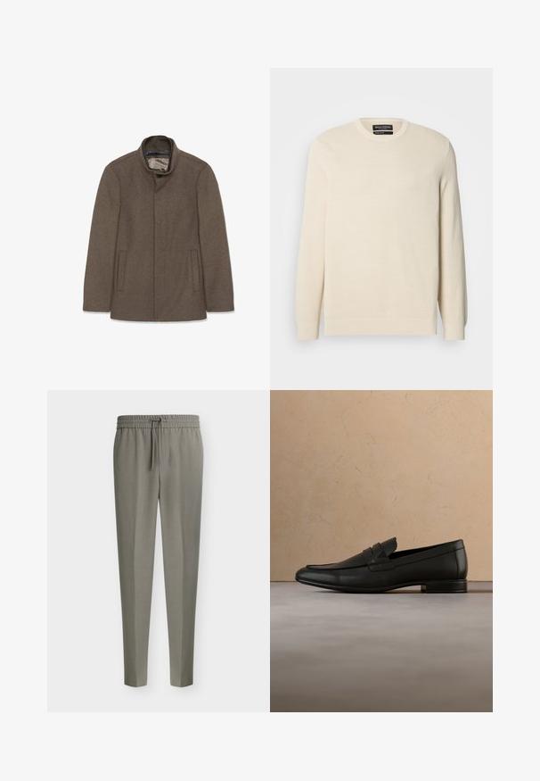 Brun uldfrakke med høj krave, to sidelommer og en glat inderside. Simpelt design uden synlige knapper eller mønstre.; Lysebeige strikket trøje med rund hals, lange ærmer og et subtilt teksturmønster. Har et brystemblem og ribkant forneden.; Herrers lysegrå skræddersyede bukser med tilspidsede ben og en elastisk talje med snørre foran.; Sort læderloafer svæver over beige tæppe med beige sofa i et minimalistisk indendørsmiljø.