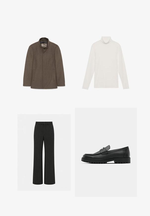 Bruine wollen jas met een hoge kraag, twee zijzakken en een soepele binnenvoering. Eenvoudig ontwerp zonder zichtbare knopen of patronen.; Langsleeve turtleneck top in het wit. Zacht, rekbaar materiaal met een aansluitende pasvorm. Heeft een hoge hals en minimale naaddetails.; Zwarte wijde broek met witte verticale krijtstrepen, knoop en riemlussen in de taille.; Zwarte leren instappers met een ronde neus, voorzien van een gestikt ontwerp, een lage platformzool en een gestructureerde, grof rubberen buitenzool.