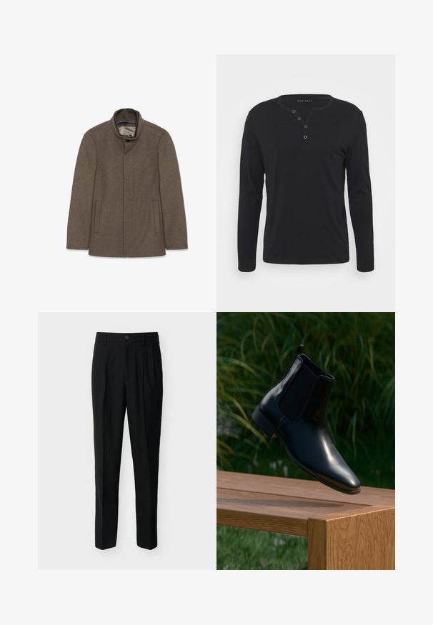 Brun uldfrakke med høj krave, to sidelommer og en glat inderside. Simpelt design uden synlige knapper eller mønstre.; Sort langærmet henley skjorte lavet af blødt stof, med en knaplukning, rund halsudskæring og tætsiddende ærmer.; Sorte, skræddersyede bukser med høj talje, bæltestropper, forreste læg, sidelommer samt knap- og lynlåslukning.; Sort læder Chelsea-støvle svævende over en træbænk med græs og planter i baggrunden.