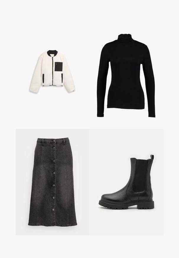 Hvid sherpa fleecejakke med sort ribbet krave, sort lynlås foran, sort lynlåslomme på brystet og to håndlommer med sort kant.; Sort langærmet turtleneck top lavet af glat stof, med et tætsiddende design og høj hals, velegnet til lag-på-lag brug eller som en selvstændig beklædningsgenstand.; Sort denim A-line nederdel med fem metalliske knapper foran, høj talje og synlige sømme. Glat tekstur og knælængde design.; Svarte læder ankelstøvler med elastiske sidepaneler, en rund tå og en robust sål med udtalte skridsikre riller.