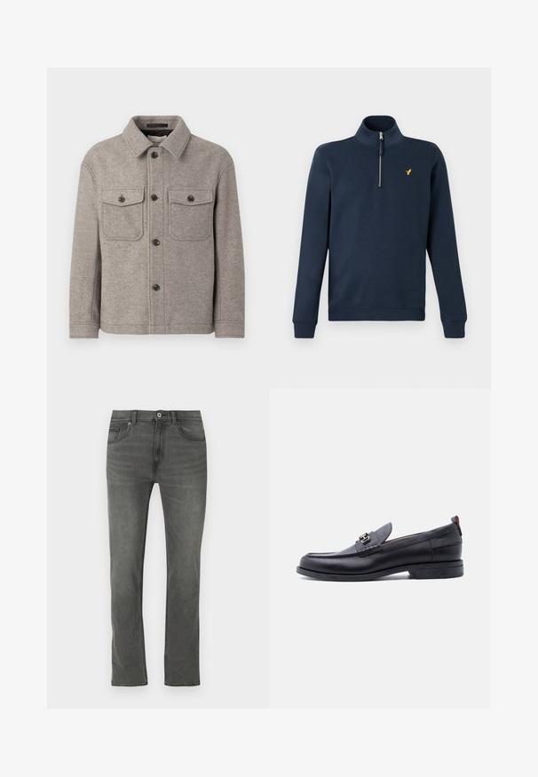 Grå uldblandet jakke med spids krave, to brystlommer, frontlukning med knap og lange ærmer. Tekstureret overflade og klassisk design.; Mørkeblå langærmet pullover med kvart lynlås og lille gul fuglelogo på venstre bryst, ribstrikkede manchetter og kant.; Grå denimjeans med lige snit, fem lommer og lukning med knapper foran. Stoffet har en subtil tekstur med en let falmet effekt.; Sort lædermokasin med grå tekstureret forfod, sølvfarvet metalspænde, lav hæl og trækflap bagpå.