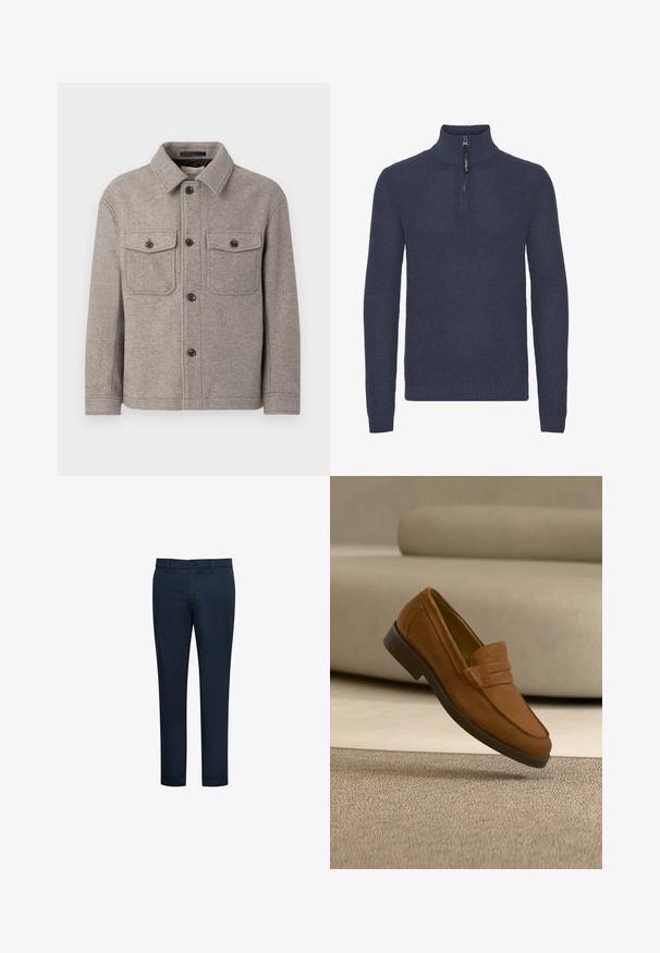 Grå uldblandet jakke med spids krave, to brystlommer, frontlukning med knap og lange ærmer. Tekstureret overflade og klassisk design.; Marineblå strikket zip-up sweater med højt krave, ribbede manchetter og kant, med et struktureret mønster og en lynlås der går en fjerdedel ned.; Mørkeblå chinos med en glat tekstur, slank pasform, bæltestropper, forlommer og knaplukning. Ren design og minimal detaljer.; Brun mokkalæderloafer med mørk sål svævende over beige tæppe, beige sofa i baggrunden.