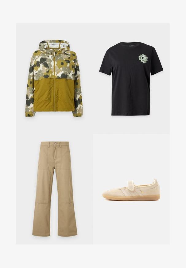 Veste à capuche avec fermeture éclair frontale, moitié inférieure vert olive, moitié supérieure et manches à imprimé floral dans des tons verts doux, beige et noir.; T-shirt noir à manches courtes avec un petit symbole yin-yang vert clair entouré d’un motif tourbillonnant sur le haut gauche de la poitrine.; Pantalon beige taille haute à jambes larges avec poches plaquées à l'avant, passants pour ceinture et fermeture à boutons. Tissu simple et durable avec coutures visibles.; Baskets Mary Jane en daim beige avec sangle auto-agrippante, semelle en gomme, trois bandes cousues et marquage doré "SAMBA" sur le côté.