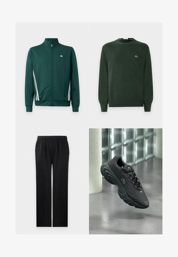 Grüne Zip-Jacke mit hohem Kragen, weißen Seitenstreifen und Logo auf der Brust. Glattes Material mit leichtem, sportlichem Design.; Grüner Strickpullover mit rundem Hals, gerippten Bündchen und Saum, mit einem kleinen gestickten Krokodil-Logo auf der Brust.; Schwarze Hose aus weichem Material mit elastischem Bund, geradem Schnitt und zwei Seitentaschen. Verfügt über eine verdeckte Nahtverarbeitung.; Schwarzer Sneaker mit strukturiertem Obermaterial, gebogener Sohle und reflektierenden Akzenten. Verfügt über ein Logo an der Seite und ein Schnürdesign.