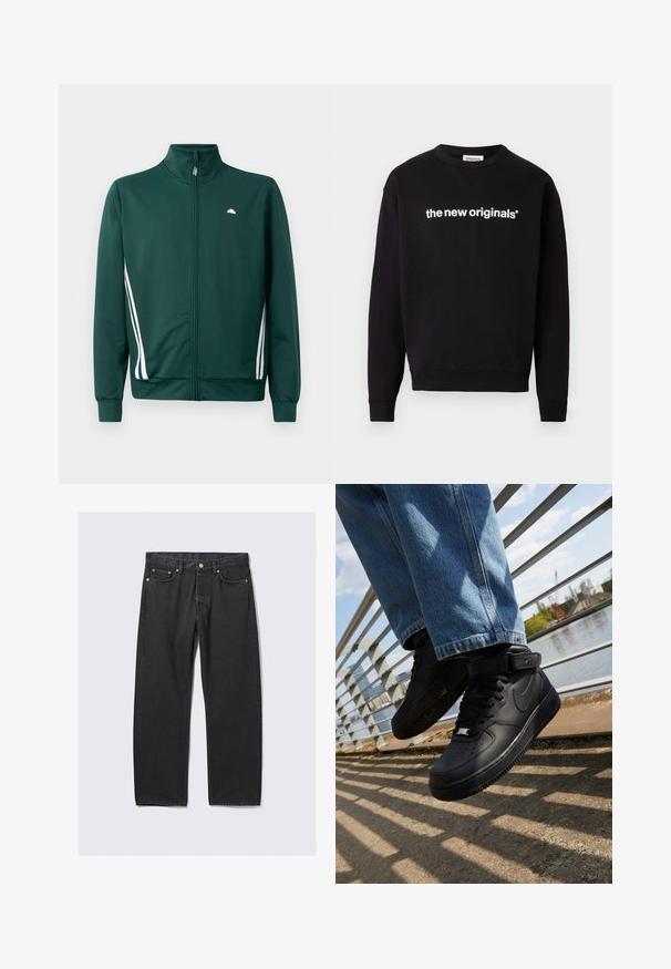 Chaqueta de chándal verde con cremallera y cuello alto, rayas laterales blancas y logo en el pecho. Tejido suave con diseño ligero y deportivo.; Sudadera negra hecha de un tejido suave, con cuello redondo y puños acanalados. En la parte delantera aparece el texto "the new originals®" en blanco.; Vaqueros negros de pierna recta con estilo de cinco bolsillos y cierre de botón en la cintura, colocados planos sobre un fondo claro.; Zapatillas Nike Air Force 1 negras con parte superior de cuero, lengua de malla y suela de goma, que presentan un diseño de caña alta y cordones gruesos.