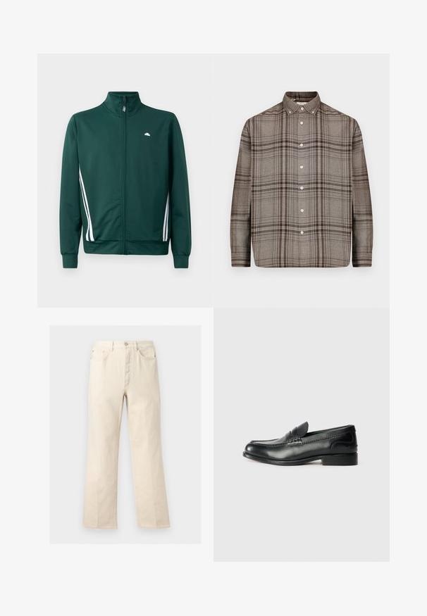 Grøn zip-up træningjakke med høj krave, hvide sideløjfer og logo på brystet. Glat stof med letvægts, sporty design.; Langærmet skjorte i brun og beige tern med knapkrave og hvide knapper ned foran.; Beige bukser med lige ben, forlommer, bæltestropper, knaplukning og lynlås foran, vist mod en ensfarvet baggrund.; Sorte læder loafers med en glat overflade, syede detaljer over vamps og en let hævet hæl.