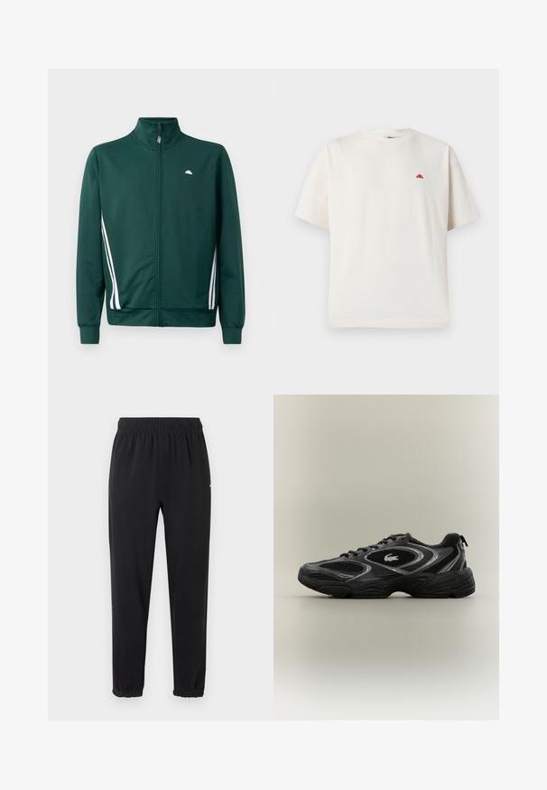 Chaqueta de chándal verde con cremallera y cuello alto, rayas laterales blancas y logo en el pecho. Tejido suave con diseño ligero y deportivo.; Camiseta blanca de manga corta con cuello redondo y un pequeño logotipo rojo en forma de semicírculo en el pecho izquierdo, mostrada sobre un fondo gris claro.; Pantalones jogger con cintura elástica negra y puños elásticos, corte recto y sin adornos visibles, mostrados sobre un fondo claro.; Zapatilla deportiva negra y gris con paneles de malla, diseño de cordones, suela gruesa y un pequeño logo de cocodrilo en el costado.