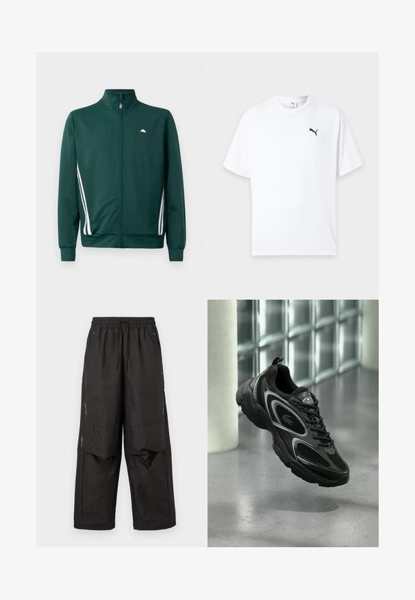 Chaqueta de chándal verde con cremallera y cuello alto, rayas laterales blancas y logo en el pecho. Tejido suave con diseño ligero y deportivo.; Camiseta blanca de manga corta con cuello redondo y un pequeño logo negro de Puma en el pecho izquierdo sobre un fondo claro.; Pantalones negros de corte holgado con cintura elástica, bolsillos frontales con cremallera, paneles en las rodillas y detalles reflectantes sutiles en los costados.; Zapato deportivo negro con material de malla y sintético, suela texturizada, diseño elegante, detalles plateados y cierre de cordones al frente.