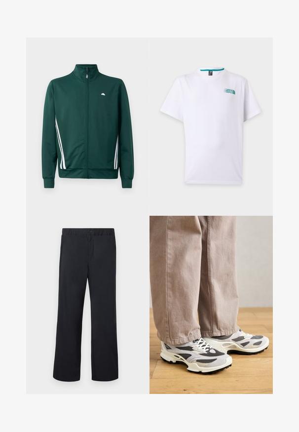 Grüne Zip-Jacke mit hohem Kragen, weißen Seitenstreifen und Logo auf der Brust. Glattes Material mit leichtem, sportlichem Design.; Weißes T-Shirt mit kurzen Ärmeln, kleinem türkisen The North Face-Logo auf der linken Brust und rundem Ausschnitt.; Schwarze Hose mit geradem Bein, elastischem Bund und einem Knopf über dem Reißverschluss, flach auf weißem Hintergrund ausgelegt.; Person, der beiger weit geschnittener Hose und grau-weißen Sneakern steht auf einem Holzboden.