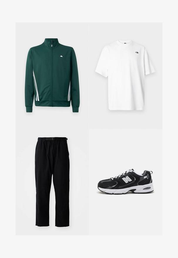 Grøn zip-up træningjakke med høj krave, hvide sideløjfer og logo på brystet. Glat stof med letvægts, sporty design.; Hvid bomuld t-shirt med korte ærmer, V-udskæring, med en lille sort logo på øverste venstre side. Blød tekstur, afslappet pasform.; Sorte, letvægtsbukser med lige ben, elastisk talje, justerbart bælte og forstærkede knælapper. Ingen synlige mønstre eller accenter.; Sorte og grå sportssko med mesh og ruskind på overdelen, der har en hvid mellemsål, snørebånd og et iøjnefaldende "N" logo på siden.