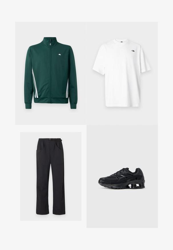 Chaqueta de chándal verde con cremallera y cuello alto, rayas laterales blancas y logo en el pecho. Tejido suave con diseño ligero y deportivo.; Camiseta blanca de algodón con mangas cortas, diseño de cuello en V, con un pequeño logo negro en la parte superior izquierda. Textura suave, ajuste relajado.; Pantalones negros de pierna recta con cintura elástica y cinturón ajustable con hebilla, con bolsillos delanteros y laterales.; Zapatilla deportiva negra con parte superior de malla, cuello acolchado y tecnología de amortiguación prominente en el talón. Presenta detalles texturizados y cordones.