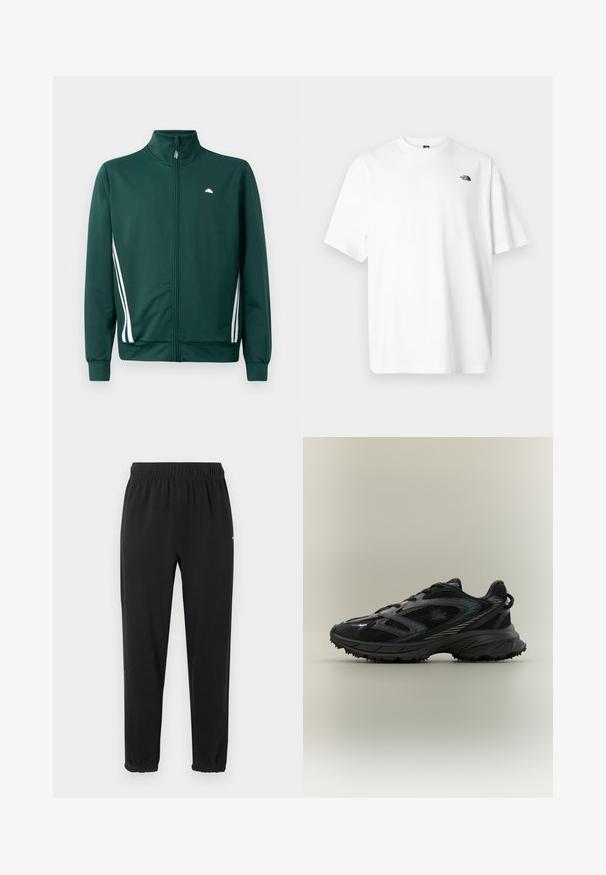 Groene zip-up trainingsjack met hoge kraag, witte zijstrepen en logo op de borst. Glad materiaal met een lichte, sportieve uitstraling.; Wit katoenen T-shirt met korte mouwen, V-halsontwerp, met een klein zwart logo aan de linker bovenzijde. Zachte textuur, comfortabele pasvorm.; Zwarte joggerbroek met elastische taille en elastische boorden, rechte pasvorm, zonder zichtbare versieringen, afgebeeld tegen een lichte achtergrond.; Zwarte sportieve schoen met meshpanelen, een gestructureerde zool, veters en een gebogen silhouet met zilveren accenten aan de zijkanten.
