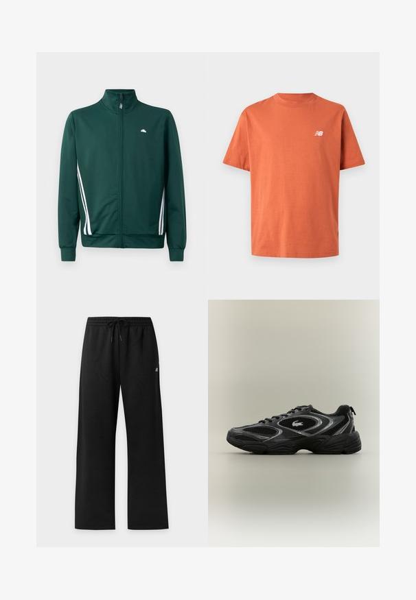 Groene zip-up trainingsjack met hoge kraag, witte zijstrepen en logo op de borst. Glad materiaal met een lichte, sportieve uitstraling.; Oranje katoenen T-shirt met een ronde hals, korte mouwen en een klein wit logo op de linkerborst. Gladde, lichtgewicht textuur.; Zwarte losse broek met elastische tailleband en trekkoord, met een klein wit logo aan de zijkant.; Zwarte en grijze sport sneaker met meshpanelen, vetersluiting, dikke zool en een klein krokodillologo aan de zijkant.