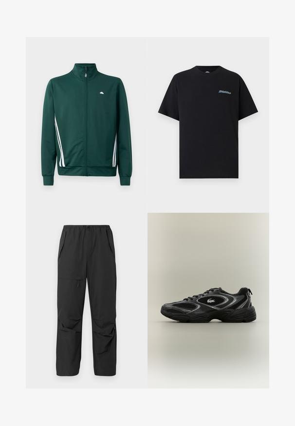 Grøn zip-up træningjakke med høj krave, hvide sideløjfer og logo på brystet. Glat stof med letvægts, sporty design.; Sort T-shirt med korte ærmer og rund hals med lille multifarvet "Dickies"-logo på venstre bryst mod en ensfarvet baggrund.; Sorte, lette bukser med elastisk talje, sidelommer og en afslappet pasform. Glat tekstur, ingen synlige mønstre eller detaljer.; Sort og grå atletisk sneaker med mesh-paneler, snørebåndsdesign, tyk sål og et lille krokodillelogo på siden.