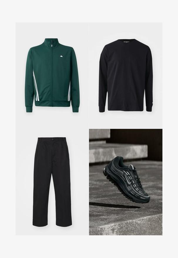 Grüne Zip-Jacke mit hohem Kragen, weißen Seitenstreifen und Logo auf der Brust. Glattes Material mit leichtem, sportlichem Design.; Schwarzes Langarm-T-Shirt aus Baumwolle mit rundem Halsausschnitt und geradem Schnitt, mit einem kleinen Logodetail am Ärmel.; Schwarze Baumwollhose mit geradem Schnitt, ausgestattet mit einem Knopfverschluss, zwei vorderen Taschen und einer glatten Textur.; Schwarzer und grauer Nike Air Max Sneaker, der über graue Betonstufen mit strukturiertem Bodenhintergrund schwebt.