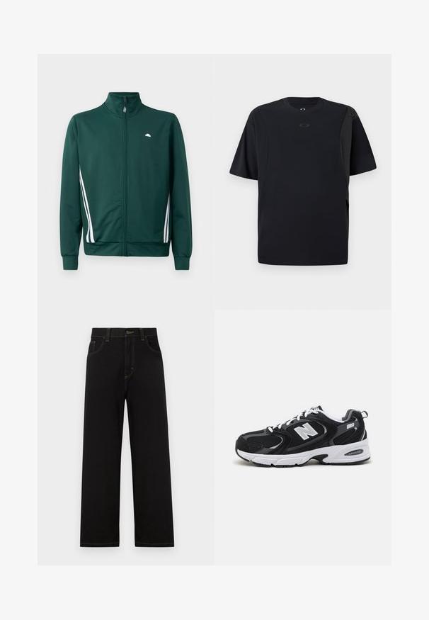 Groene zip-up trainingsjack met hoge kraag, witte zijstrepen en logo op de borst. Glad materiaal met een lichte, sportieve uitstraling.; Zwarte korte mouwen t-shirt van gladde stof, met een asymmetrisch ontwerp en een klein logo op de borst.; Zwarte denim broek met een recht model, voorzien van voorzakken, contrasterende gele stiksels en een knoopsluiting bij de taille.; Zwarte en grijze sport schoenen met een bovenwerk van mesh en suede, voorzien van een witte tussenzool, veters en een gedurfde "N"-logo aan de zijkant.