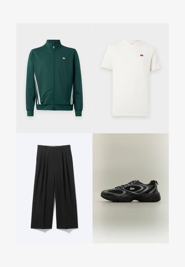 Groene zip-up trainingsjack met hoge kraag, witte zijstrepen en logo op de borst. Glad materiaal met een lichte, sportieve uitstraling.; Witte korte mouwen T-shirt met ronde hals en een klein rood-oranje logo op de linkerborst, tegen een effen achtergrond.; Zwarte wijde broek met voorplooien, riemlussen en knoopsluiting, weergegeven op een effen lichte achtergrond.; Zwarte en grijze sport sneaker met meshpanelen, vetersluiting, dikke zool en een klein krokodillologo aan de zijkant.