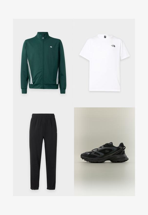 Grøn zip-up træningjakke med høj krave, hvide sideløjfer og logo på brystet. Glat stof med letvægts, sporty design.; Hvid T-shirt med korte ærmer, rund hals og lille sort The North Face-logo på venstre øverste bryst.; Sorte joggingbukser med elastik i taljen og elastiske manchetter, lige pasform og uden synlige udsmykninger, vist mod en lys baggrund.; Sort atletisk sko med meshpaneler, en tekstureret sål, snørebånd og en buet silhuet med sølvfarvede accenter på siderne.