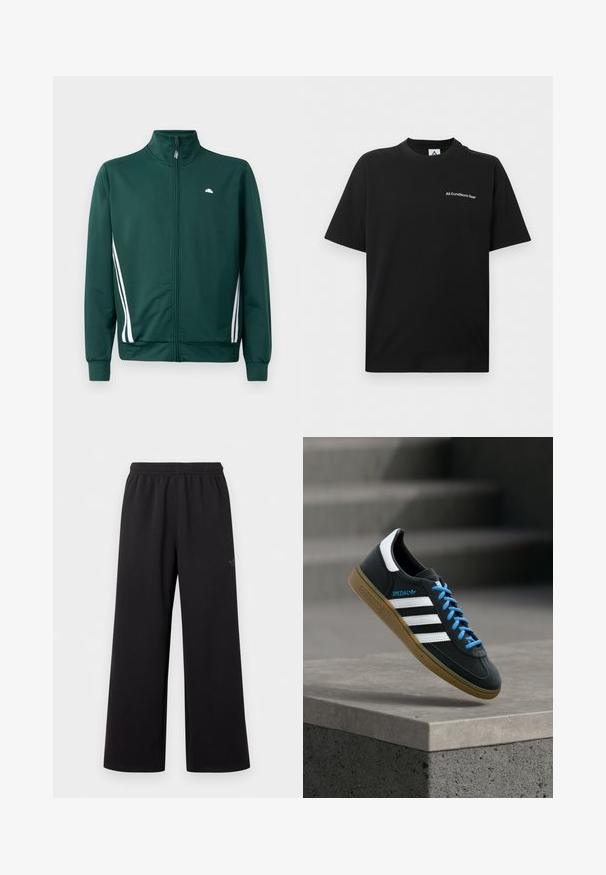 Zelená športová bunda na zips s vysokým golierom, bielymi bočnými pruhmi a logom na hrudi. Hladká látka s ľahkým, športovým dizajnom.; Čierne tričko s krátkym rukávom a okrúhlym výstrihom, s malým bielym nápisom "All Conditions Gear" na ľavej strane hrudníka.; Čierne nohavice so širokými nohavicami, elastickým pásom a jemným malým logom na hornej ľavej stehne, zobrazené na bielom pozadí.; Čierna teniska Adidas s bielymi pruhmi, modrými šnúrkami a gumovou podrážkou, ktorá sa vznáša nad sivým betónovým schodom v mäkkom svetle.