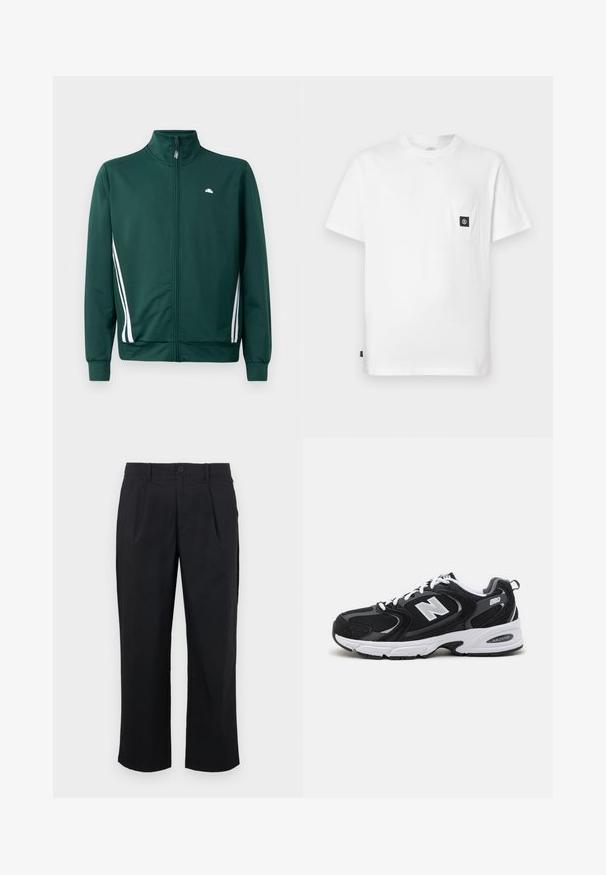 Chaqueta de chándal verde con cremallera y cuello alto, rayas laterales blancas y logo en el pecho. Tejido suave con diseño ligero y deportivo.; Camiseta blanca de algodón con cuello redondo, mangas cortas y un bolsillo en el pecho con un parche de logo negro. Textura suave, ajuste relajado.; Pantalones negros de corte recto, con pliegues en la parte delantera, cierre de botón y textura de tela suave.; Zapatillas deportivas en negro y gris con parte superior de malla y ante, que cuentan con una entresuela blanca, cordones y un llamativo logo "N" en el lateral.
