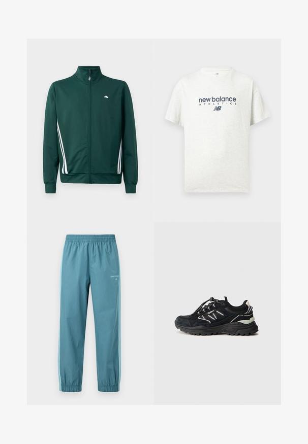 Groene zip-up trainingsjack met hoge kraag, witte zijstrepen en logo op de borst. Glad materiaal met een lichte, sportieve uitstraling.; Witte T-shirt met korte mouwen en ronde hals, bedrukt met "new balance ATHLETICS" en het "NB" logo in donkerblauw op het midden aan de voorkant.; Lichtblauwe sportbroek met elastische taille en boorden, witte zijstrepen en New Balance-logo op de bovenste linker dij.; Zwarte sportschoen van gemengde materialen, waaronder suede en mesh, met elastische veters, rubberen gripzool en reflecterende accenten.