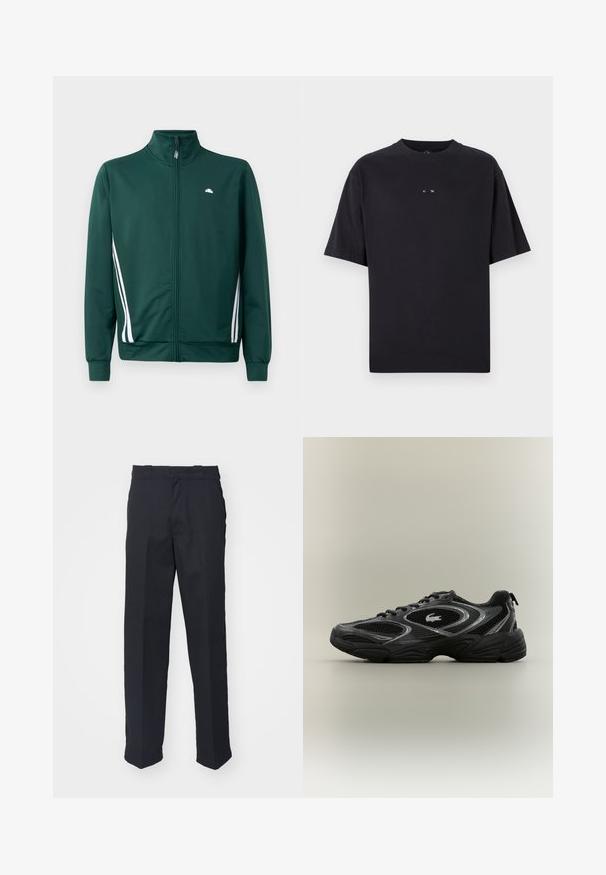 Zelená športová bunda na zips s vysokým golierom, bielymi bočnými pruhmi a logom na hrudi. Hladká látka s ľahkým, športovým dizajnom.; Oakley RISE TEE - Základné tričko - blackout; Čierne upravené nohavice so strihom rovného nohavice, vyrobené z hladkej tkaniny, so pásom s očkami a bez viditeľných vzorov alebo kovových prvkov.; Čierne a šedé atletické tenisky s sieťkovými panelmi, šnurovací dizajn, hrubá podrážka a malá krokodílová logo na boku.