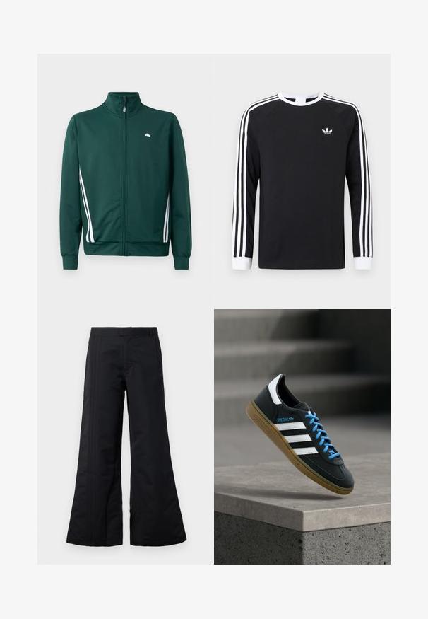 Groene zip-up trainingsjack met hoge kraag, witte zijstrepen en logo op de borst. Glad materiaal met een lichte, sportieve uitstraling.; Zwart T-shirt met lange mouwen en een wit drie-strepen ontwerp op de mouwen. Voorzien van een ronde hals en een klein wit logo op de borst.; Zwarte broek met wijde pijpen van gladde stof, met voorplooien en een tailleband. Een schoon ontwerp zonder zichtbare patronen of accenten.; Zwarte Adidas-sneaker met witte strepen, blauwe veters en een gumzool die boven een grijze betonnen trede zweeft in zacht licht.