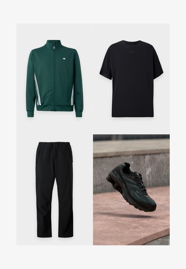 Chaqueta de chándal verde con cremallera y cuello alto, rayas laterales blancas y logo en el pecho. Tejido suave con diseño ligero y deportivo.; Camiseta negra de manga corta hecha de tejido ligero, con cuello redondo, mangas raglán y un sutil logo en el pecho.; Pantalones negros informales con cintura elástica, dos bolsillos laterales y un bolsillo con cremallera en el muslo, mostrados en plano sobre un fondo blanco.; Zapatilla deportiva negra con entresuela visible con amortiguación de aire que flota sobre una superficie de piedra rosa con un fondo de pared de piedra gris.