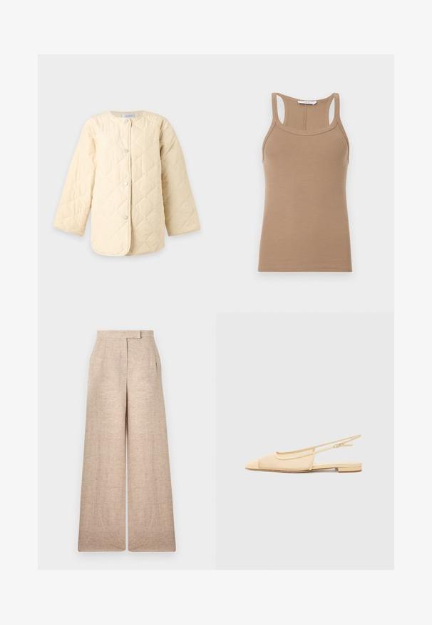 Veste matelassée couleur crème avec manches longues et fermeture à boutons-pression, présentant un motif en losange et un col rond.; Débardeur beige en maille côtelée sans manches avec un dos nageur et un col rond, présenté à plat sur un fond clair.; Pantalon beige à jambes larges avec une taille haute, des plis subtils à l'avant et une fermeture avant dissimulée.; Chaussure plate slingback en beige clair avec une tige en maille, un bout pointu et un petit talon. Dotée d'une sangle ajustable pour un bon maintien.