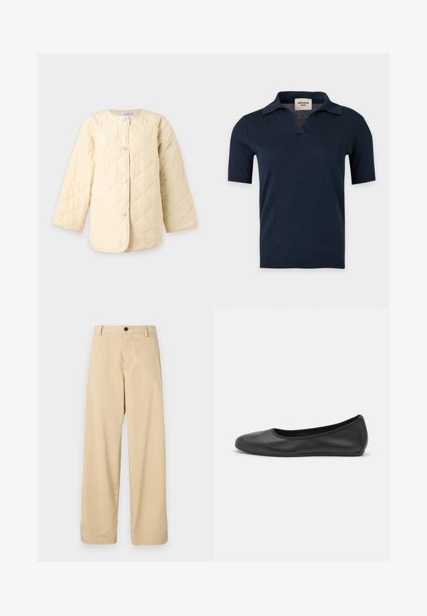 Veste matelassée couleur crème avec manches longues et fermeture à boutons-pression, présentant un motif en losange et un col rond.; Chemise en maille bleu marine à manches courtes avec un petit col ouvert et un col en V, présentée sur un fond gris clair uni.; Pantalons en coton beige avec une coupe droite, dotés d'une fermeture éclair à l'avant, d'un seul bouton noir et de deux poches latérales.; Ballerines en cuir noir avec un bout rond, texture lisse, détails de couture minimalistes et design de semelle flexible.