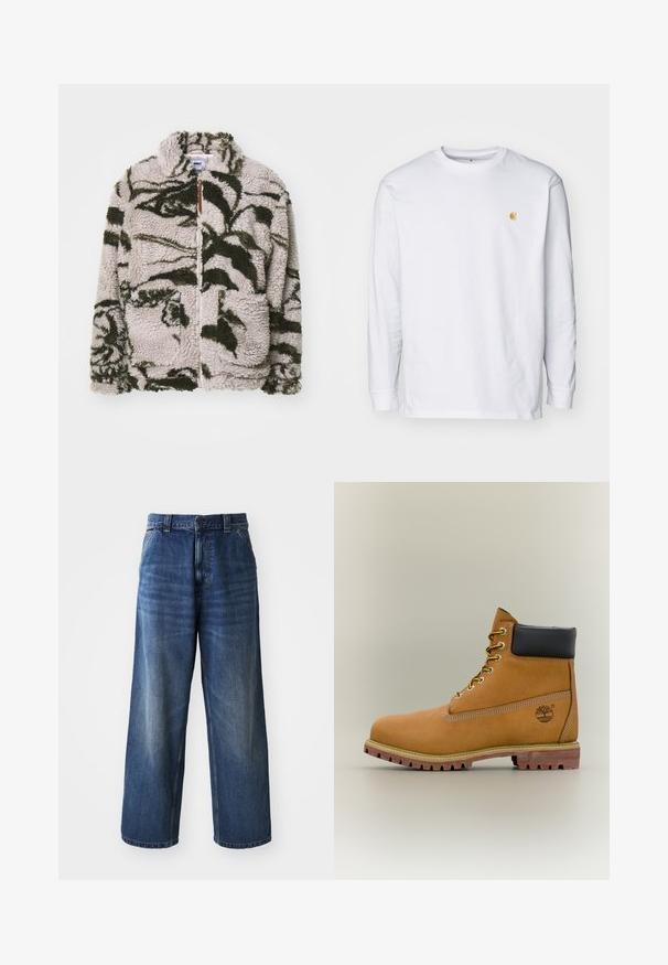 Chaqueta de forro polar con cremallera en beige con patrones florales verdes, cuenta con dos bolsillos frontales, cuello alto y un tejido suave y texturizado.; Camiseta de manga larga blanca de algodón. Cuenta con un pequeño logo dorado en el pecho y un cuello redondo. Diseño simple y corte estándar.; Jeans de mezclilla azul de cintura alta con un diseño de pierna ancha, que presentan un ligero desvanecimiento, bolsillos delanteros y un cierre de botón en la cintura.; Bota de tobillo de cuero marrón con cuello negro, cordones amarillos y suela beige. Presenta un logotipo y detalles de costura blanca. Suela exterior con tracción robusta.