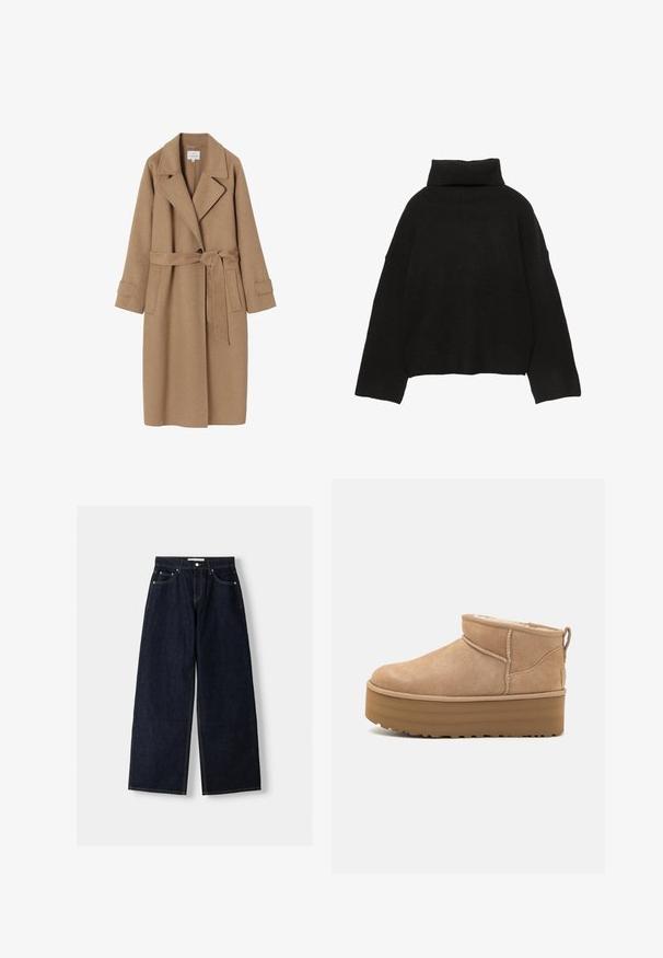 Manteau trench en mélange de laine beige avec un col cranté, une ceinture à nouer à la taille, des poches latérales et des manches retroussées. Texture lisse et détails de design minimalistes.; Pull noir en maille avec un col roulé côtelé haut et des épaules tombantes. Présente une coupe décontractée et carrée avec des poignets et un ourlet côtelés.; Jean large en denim bleu foncé à taille haute, avec cinq poches, des coutures contrastées et des éléments en métal argenté. Texture lisse et finition soignée.; Bottines en suede beige avec un intérieur moelleux, dotées d'une semelle compensée et d'une languette à l'arrière pour un enfilage facile. Semelle extérieure en caoutchouc texturé.