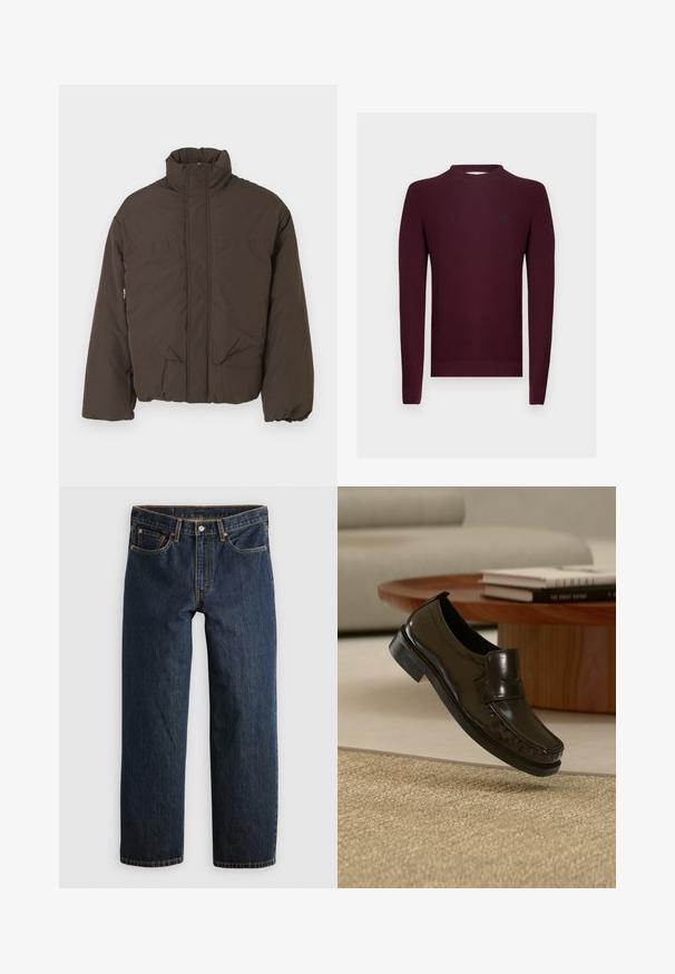 Veste matelassée brune avec un col haut, une fermeture éclair à l'avant, deux poches latérales et une texture matelassée. Conçue pour la chaleur et le confort.; Pull en tricot bordeaux à manches longues, texture côtelée, et encolure ronde. Petit logo sur la poitrine gauche.; Jean en denim bleu foncé avec une coupe droite. Comprend cinq poches, des surpiqûres contrastantes et une fermeture à bouton à la taille.; Mocassin en cuir noir à enfiler flottant au-dessus d'un tapis beige tissé avec une table basse en bois et des livres en arrière-plan.