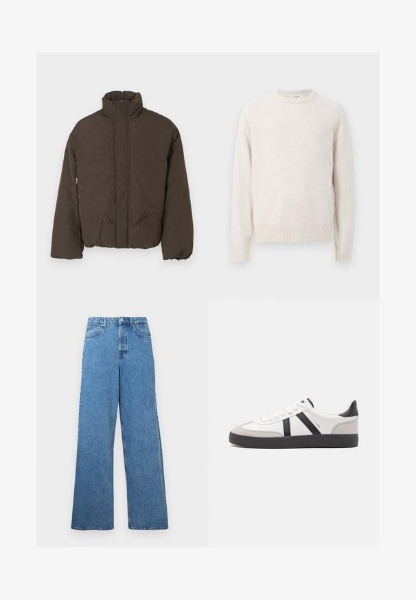 Veste matelassée brune avec un col haut, une fermeture éclair à l'avant, deux poches latérales et une texture matelassée. Conçue pour la chaleur et le confort.; Pull crème avec un col rond, des poignets et un ourlet côtelés. Texture douce avec un design simple et épuré et des manches raglan.; Jean en denim bleu, taille haute, jambes larges, avec bouton frontal, fermeture éclair, passants pour ceinture, et poches à l'avant et à l'arrière.; Baskets blanches avec des accents noirs et gris, présentant un embout texturé gris, une semelle en caoutchouc noir et des lacets plats blancs. Design épuré, style minimaliste.