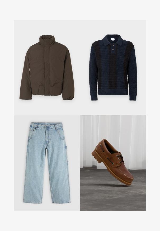 Veste matelassée brune avec un col haut, une fermeture éclair à l'avant, deux poches latérales et une texture matelassée. Conçue pour la chaleur et le confort.; Pull de style polo en tissu tricoté bleu foncé et noir avec un motif texturé, doté d'un col et de trois boutons en bois.; Jean denim droit bleu clair avec poches avant, passants de ceinture, fermeture par boutons et une boucle latérale pour outils.; Chaussure de bateau en cuir marron avec des lacets noirs, des coutures beiges et une semelle robuste, suspendue au-dessus d'un sol en béton gris.