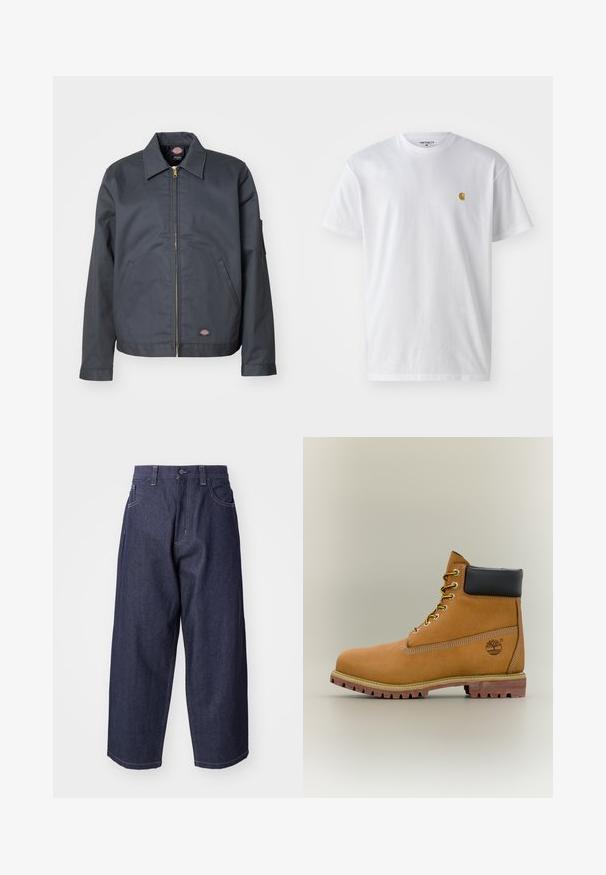 Veste gris foncé en tissu robuste. Dotée d'un col, d'une fermeture éclair à l'avant, de poches latérales et d'un petit logo sur le bas de l'avant. Texture lisse.; T-shirt en coton blanc à manches courtes, col rond, avec un petit logo doré sur la poitrine gauche. Texture douce et coupe régulière.; Jean en denim bleu foncé avec une coupe ample et des jambes larges. Comprend une fermeture à bouton, des poches avant et des accents de couture visibles.; Bottine en cuir marron avec col noir, lacets jaunes et semelle beige. Présente un logo et des détails de couture blanche. Semelle extérieure à traction robuste.