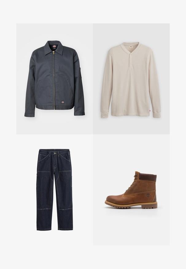 Donkergrijze jas gemaakt van stevig materiaal. Heeft een kraag, een ritssluiting aan de voorkant, zijzakken en een klein logo aan de onderkant van de voorkant. Soepele textuur.; Lange mouwen henley-shirt in lichtbeige ribbelstof, met een V-hals, een drieknoopsluiting en manchetten. Rode logo-label aan de onderkant.; Donkerblauwe spijkerbroek met dubbele stiksels, een knoop aan de voorkant, riemlussen en meerdere versterkte opgestikte zakken op de benen.; Bruine leren wandelschoen met een gladde afwerking, gevoerde enkel, metalen oogjes en een rubberen zool met een robuust profiel.